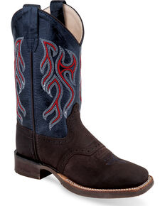 Old West Boys' Brown/Blue Embroidered Cowboy Boots - Square Toe, Brown, hi-res