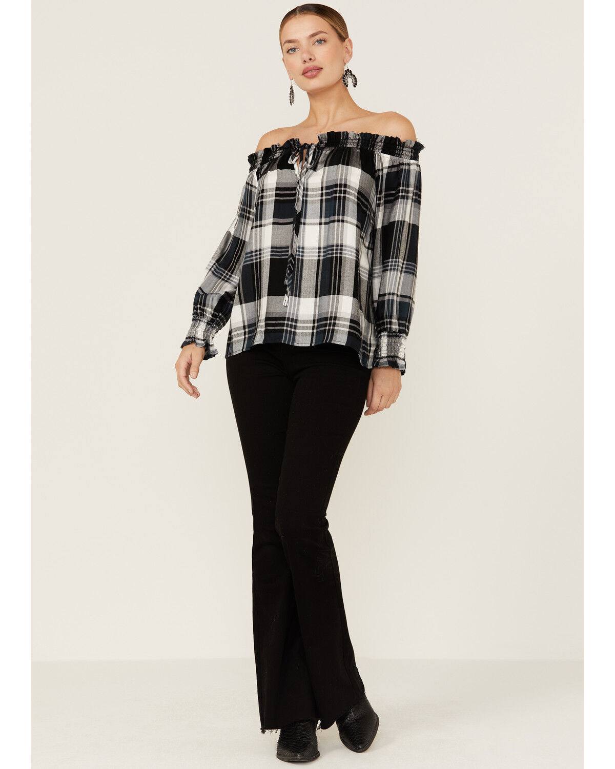 Image #4 - Wild Moss Women's Plaid Navy Off The Shoulder Top, Black, hi-res