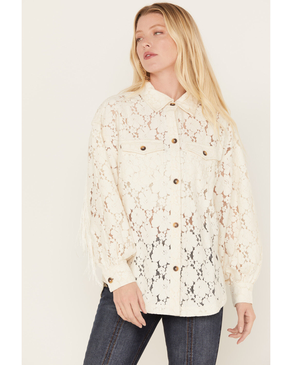 Image #1 - Shyanne Women's Lace Fringe Button-Down Shacket, Cream, hi-res