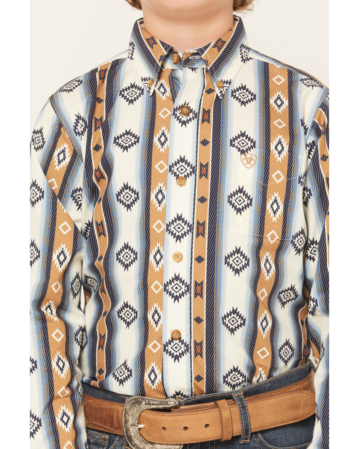 Image #3 - Ariat Boys' Striped Southwestern Long Sleeve Button-Down Western Shirt, Blue, hi-res