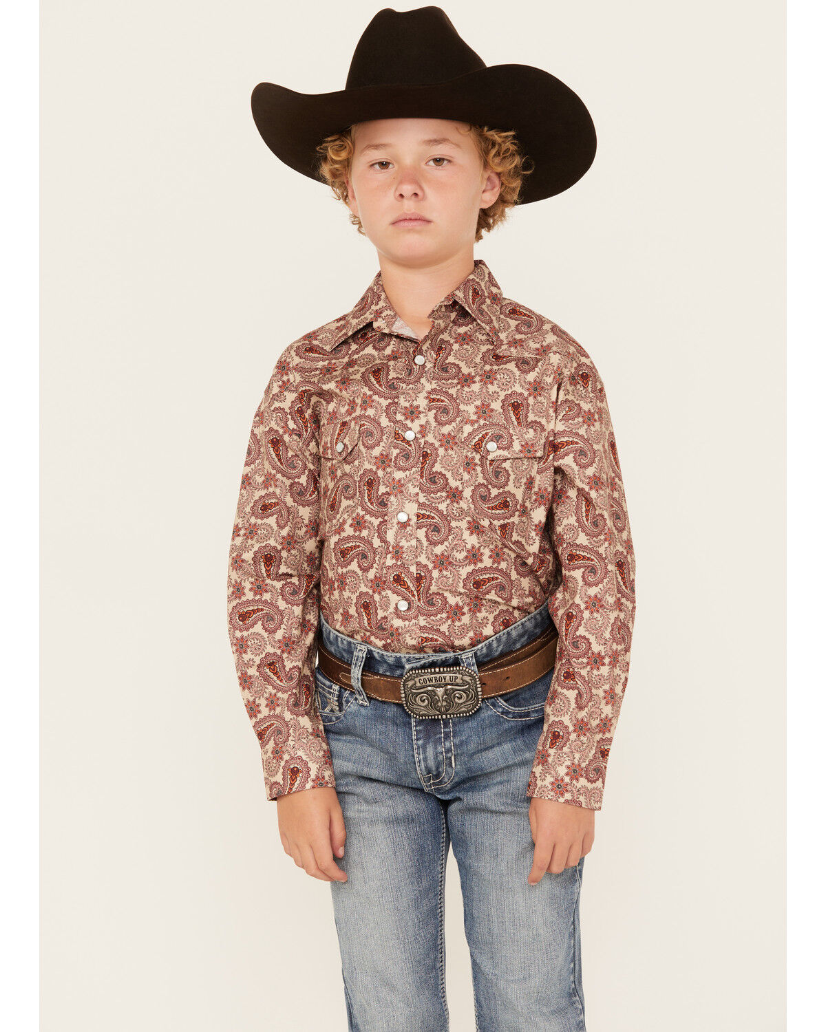 Image #1 - Rock & Roll Denim Boys' Paisley Print Long Sleeve Pearl Snap Stretch Western Shirt, Rust Copper, hi-res