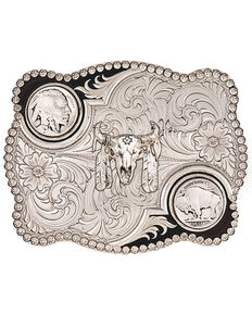 Montana Silversmiths Antiqued Buffalo Nickel and Skull Buckle, Silver, hi-res