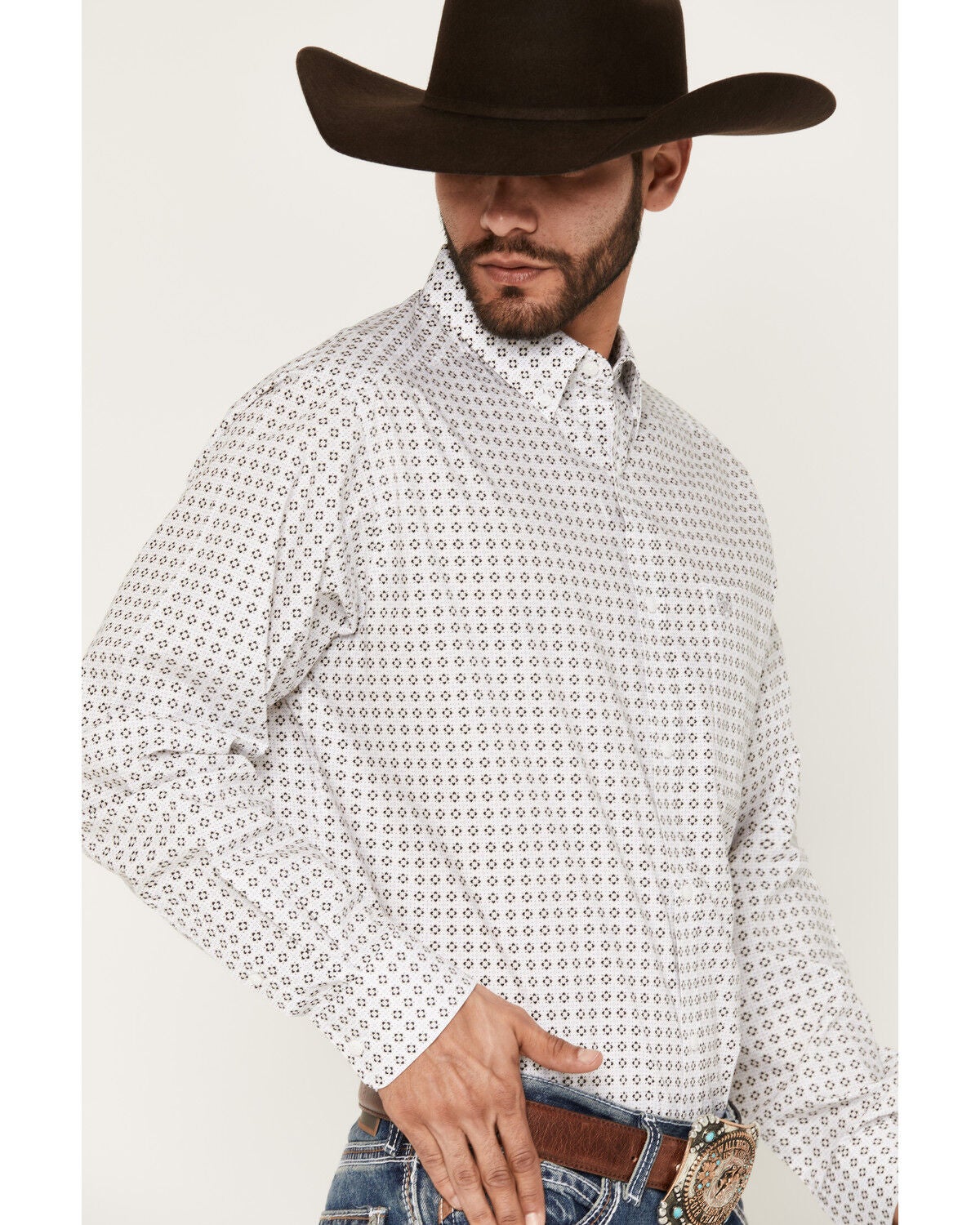 Image #2 - Ariat Men's Boot Barn Exclusive Franz Geo Print Long Sleeve Button-Down Western Shirt, White, hi-res