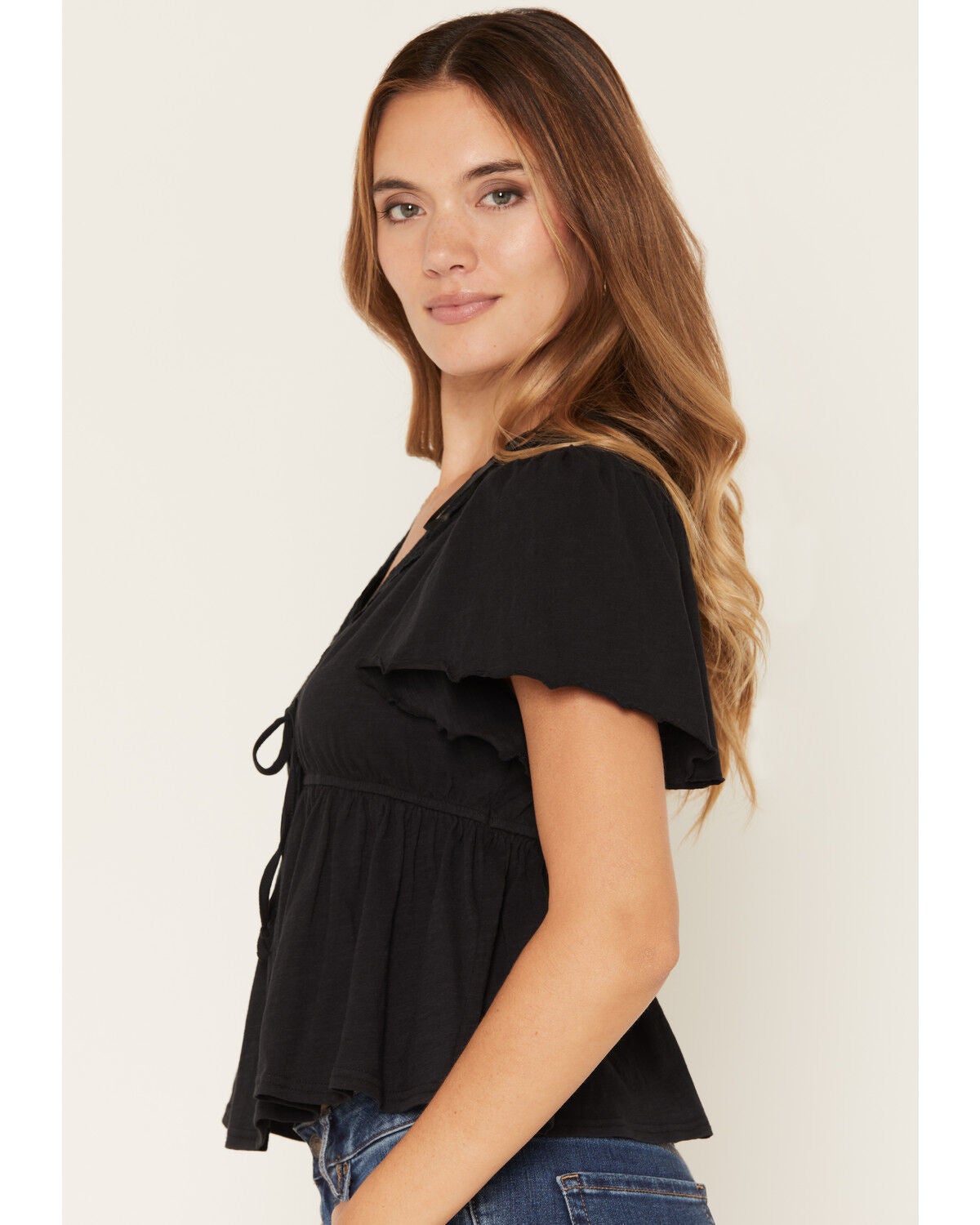 Image #2 - Originality Women's V Neck Peplum Top, Black, hi-res