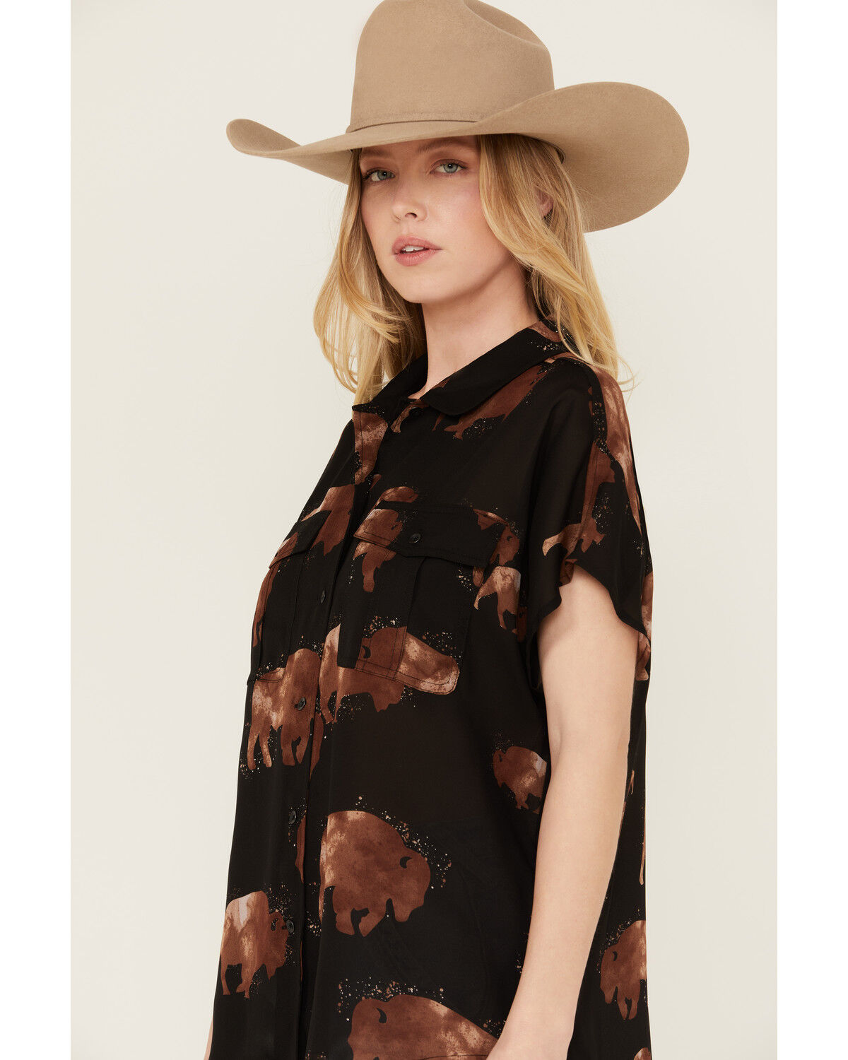 Image #2 - Ariat Women's Badland Buffalo Print Short Sleeve Button-Down Shirt, Black, hi-res