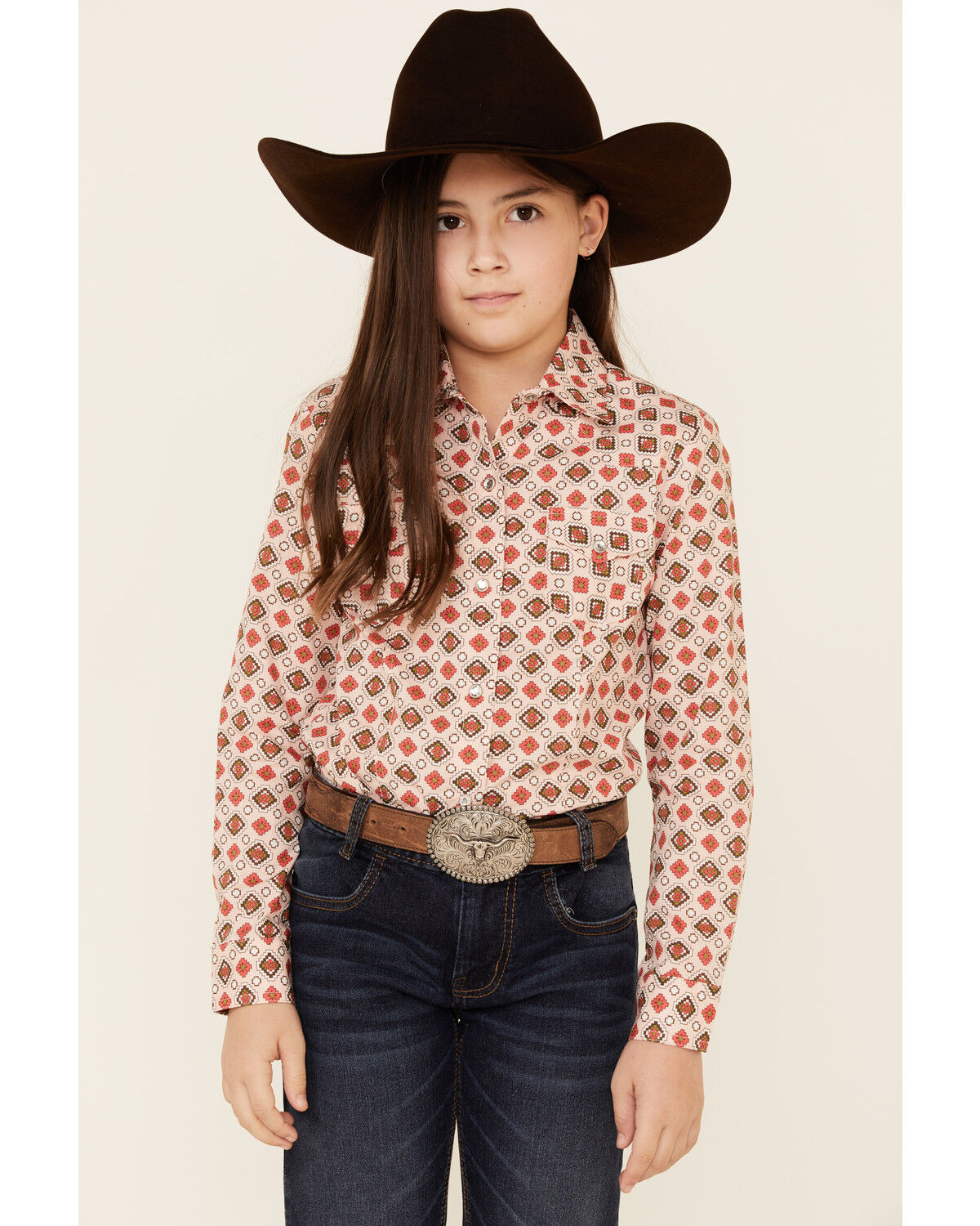 Image #1 - Cruel Girl Girls' Diamond Geo Print Long Sleeve Pearl Snap Western Shirt, Pink, hi-res