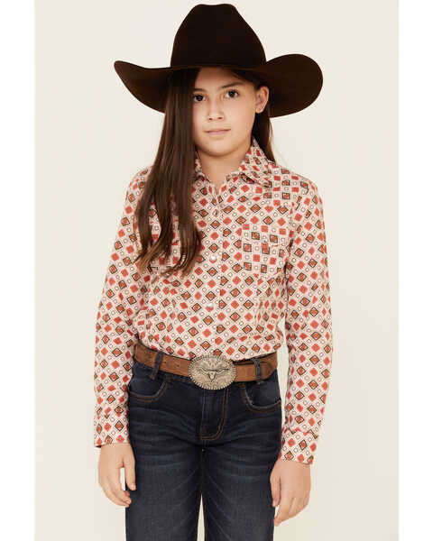 Cruel Girl Girls' Diamond Geo Print Long Sleeve Western Shirt , Pink, hi-res