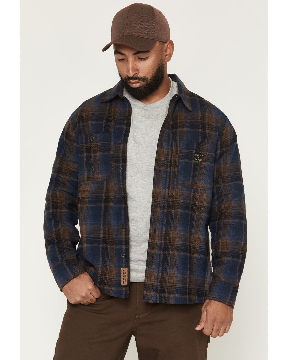 Image #1 - Lucky Brand Workwear Men's Rainer Plaid Print Long Sleeve Button-Down Flannel Shirt, Navy, hi-res