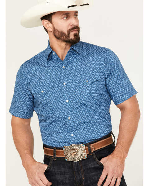 Image #1 - Ely Walker Men's Print Short Sleeve Pearl Snap Western Shirt, Blue, hi-res