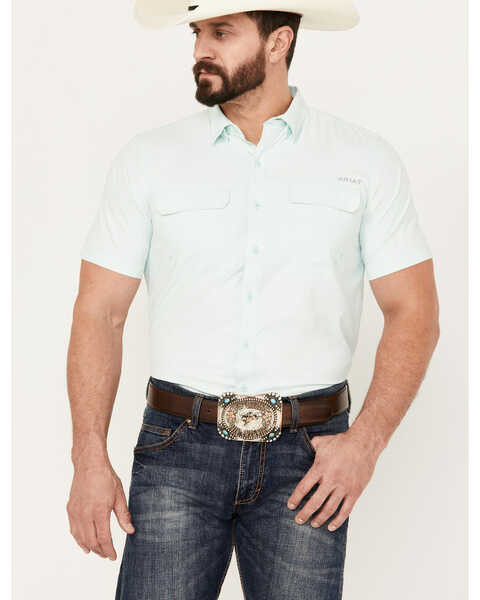 Image #1 - Ariat Men's VentTEK Outbound Solid Fitted Short Sleeve Button-Down Shirt, Aqua, hi-res