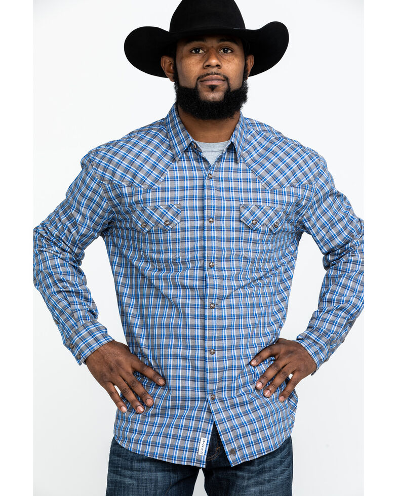 Moonshine Spirit Men's Hillbilly Plaid Long Sleeve Western Shirt , Brown/blue, hi-res