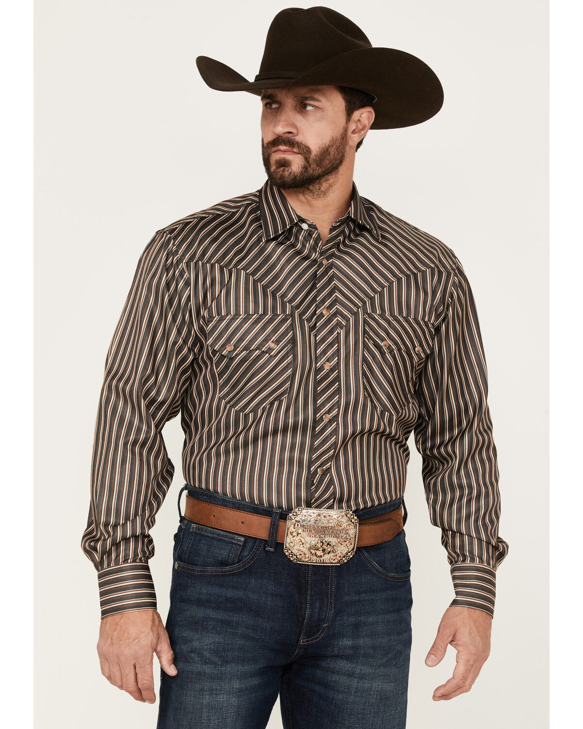 Image #1 - Reisistol Men's Quinton Stripe Snap Western Shirt, Black/tan, hi-res