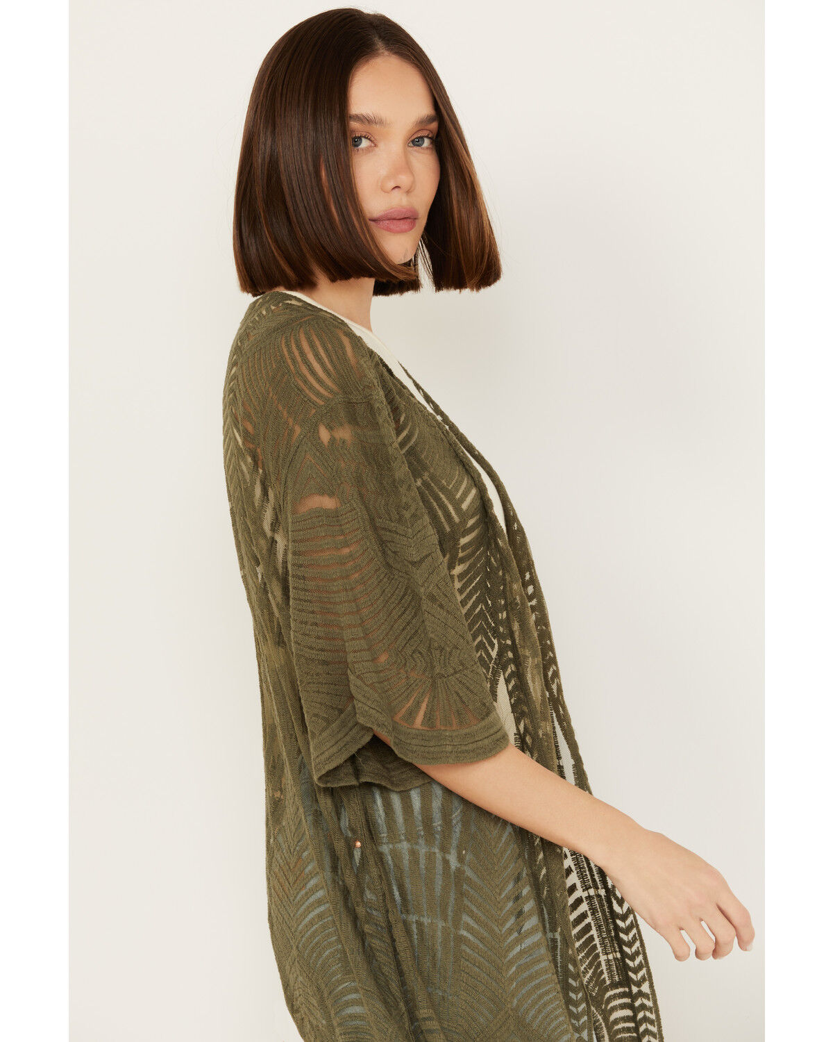 Image #2 - Shyanne Women's Geo Print Lace Short Sleeve Kimono, Olive, hi-res