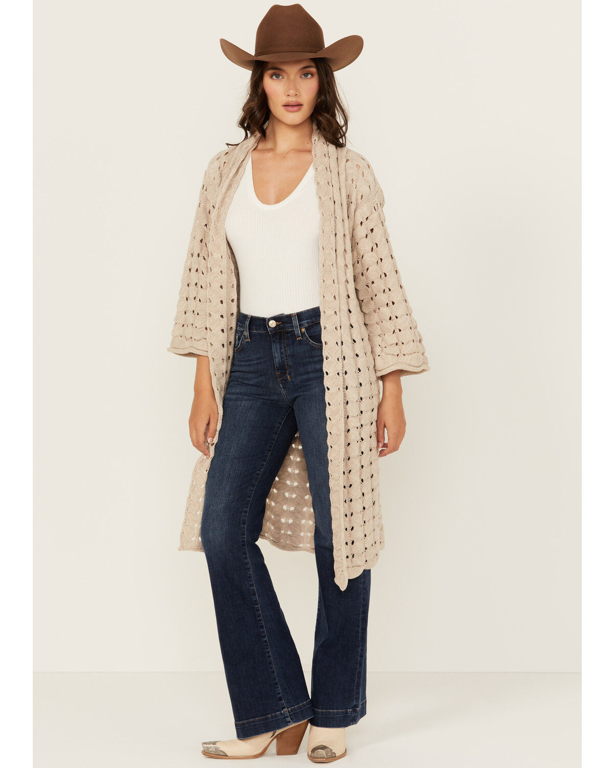 Image #1 - Shyanne Women's Solid Open Knit Duster, Beige, hi-res