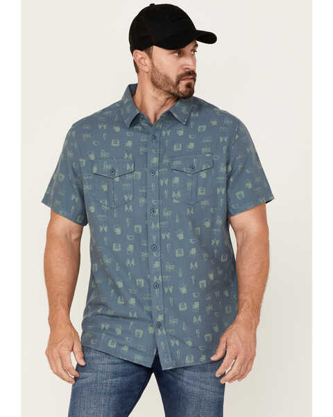 Image #1 - Brothers and Sons Men's Conversational Print Short Sleeve Button-Down Western Shirt , Indigo, hi-res