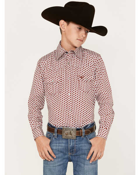 Image #1 - Cowboy Hardware Boys' Six Star Print Long Sleeve Pearl Snap Western Shirt, Burgundy, hi-res