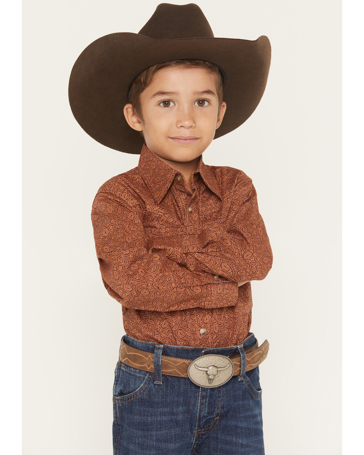 Image #1 - Wrangler 20X Boys' Paisley Print Long Sleeve Snap Stretch Western Shirt, Brown, hi-res