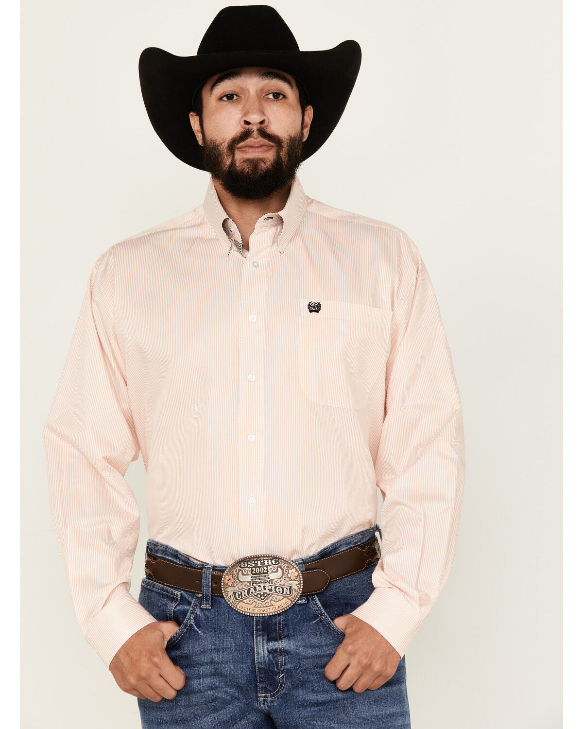 Cinch Men's Striped Print Tencel Long Sleeve Button-Down Western Shirt, Peach, hi-res