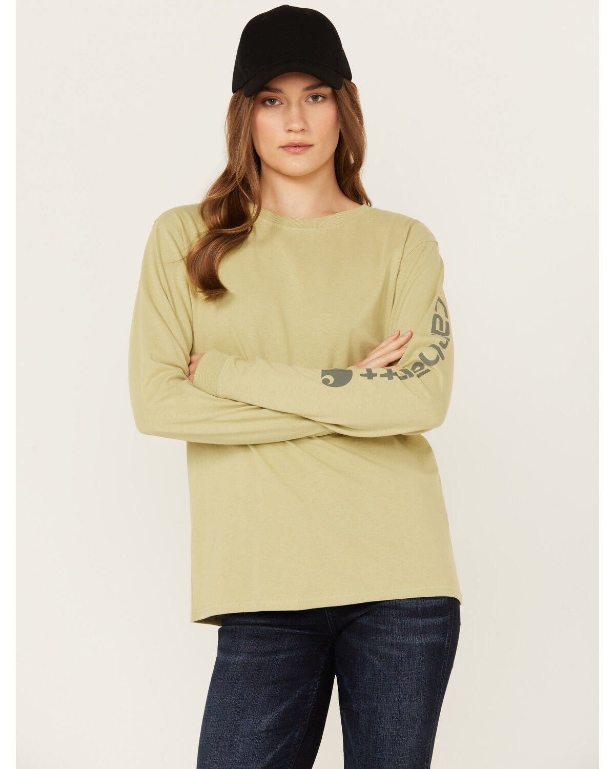 Carhartt Women's Loose Fit Heavyweight Logo Graphic Long Sleeve Shirt, Sand, hi-res