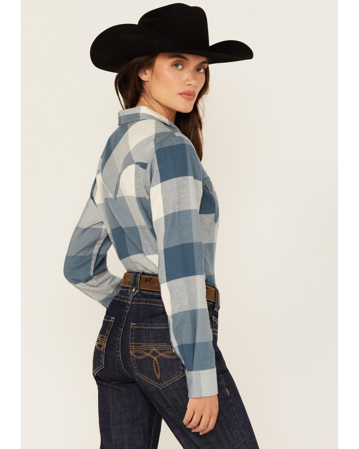 Image #4 - Wrangler Retro Women's Buffalo Plaid Print Long Sleeve Pearl Snap Flannel Shirt, Blue, hi-res