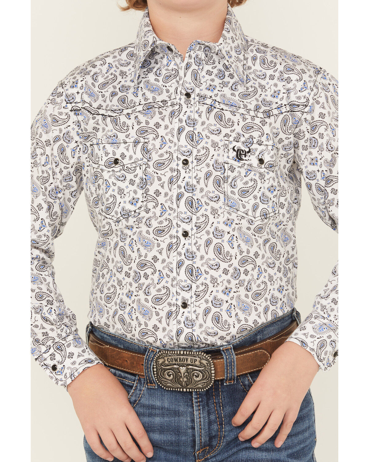 Image #3 - Cowboy Hardware Boys' Paisley Print Long Sleeve Snap Stretch Western Shirt, White, hi-res