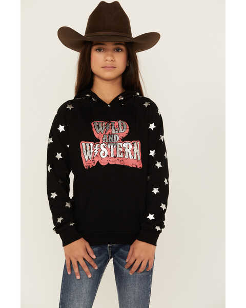 Image #1 - Rock & Roll Denim Girls' Boot Barn Exclusive Wild & Western Star Print Hoodie , Black, hi-res