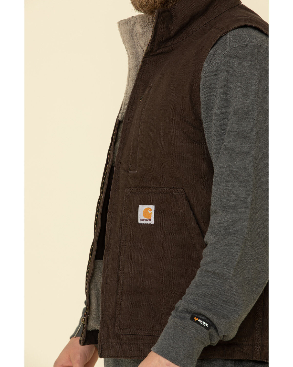 Image #4 - Carhartt Men's Dark Brown Washed Duck Sherpa Lined Mock Neck Work Vest - Tall, Dark Brown, hi-res