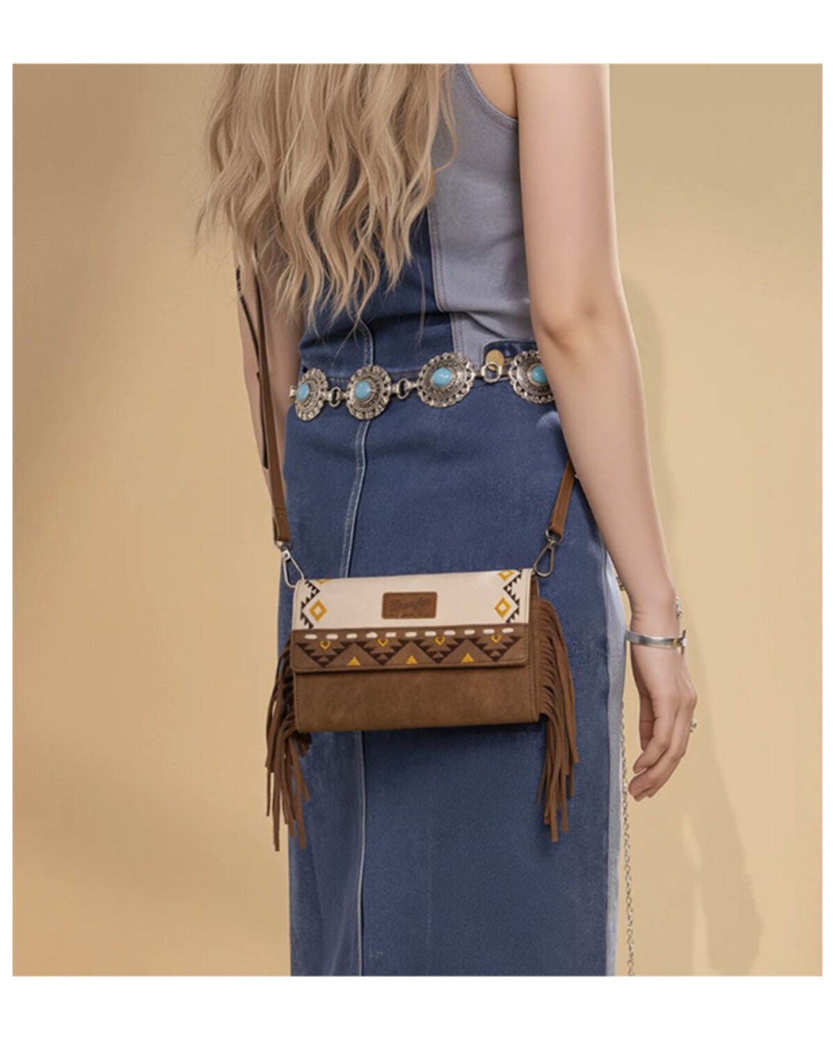Image #3 - Wrangler Women's Southwestern Embroidered Fringe Wallet Crossbody Bag, Beige, hi-res