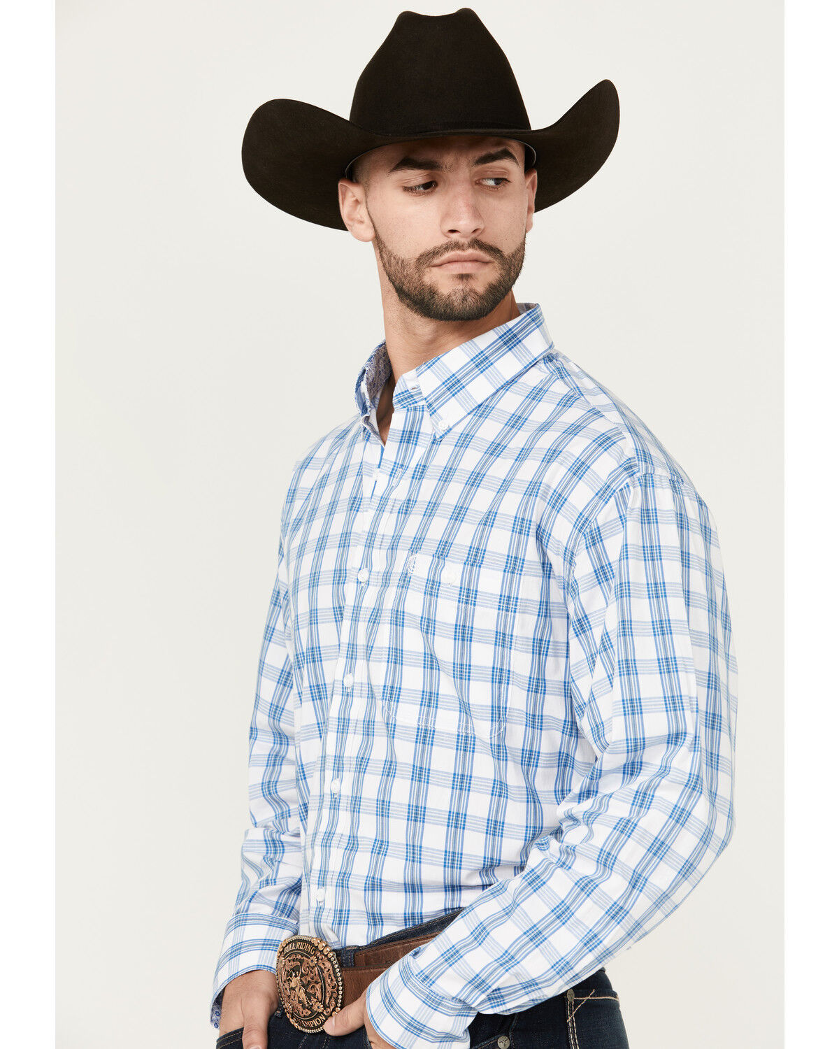 Image #2 - George Strait By Wrangler Men's Plaid Print Long Sleeve Button-Down Stretch Western Shirt, White, hi-res