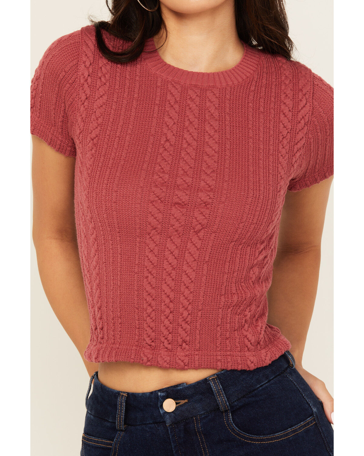 Image #3 - Evergreen Women's Cable Rib Short Sleeve Top, Burgundy, hi-res