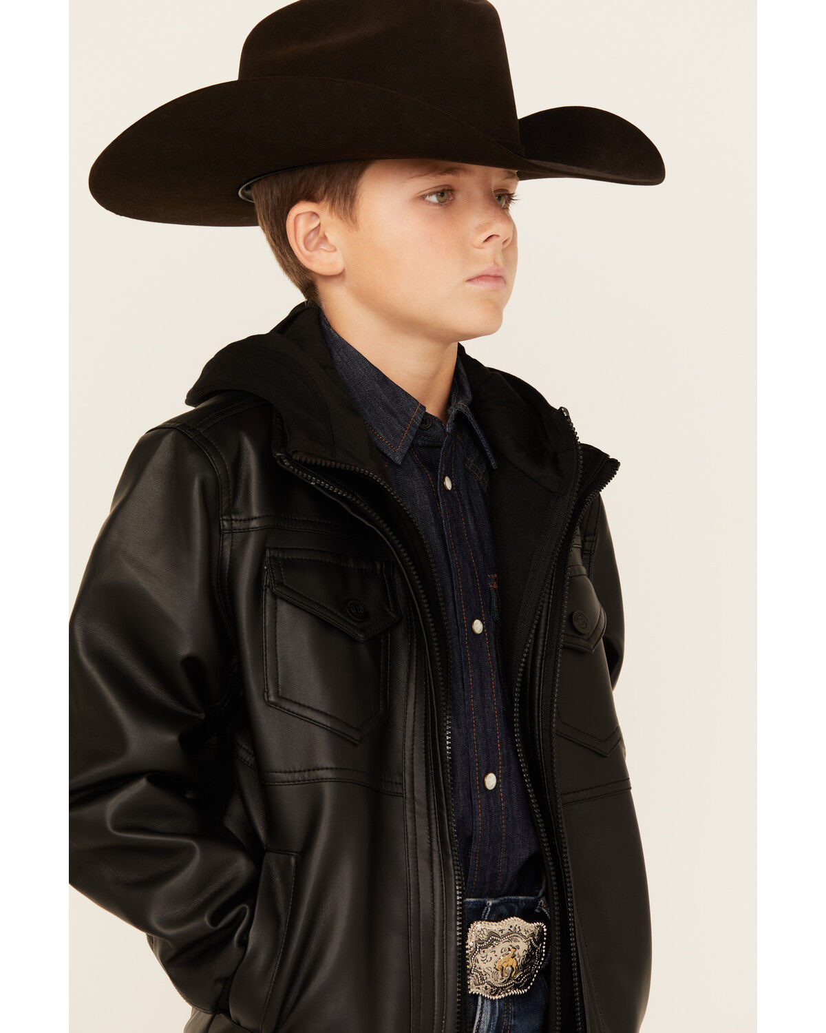 Image #2 - Urban Republic Boys' Faux Leather Hooded Bomber Jacket, Black, hi-res