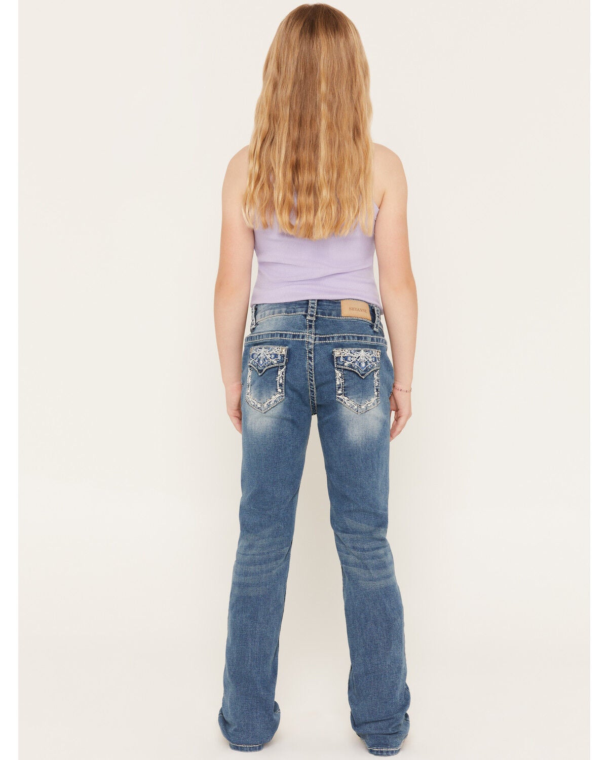 Shyanne Girls' Medium Wash Swirl Floral Embroidered Bootcut Stretch Denim Jeans, Blue, hi-res