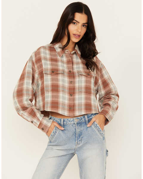 Image #1 - Cleo + Wolf Women's Fall Plaid Print Long Sleeve Cropped Button-Down Shirt , Coffee, hi-res