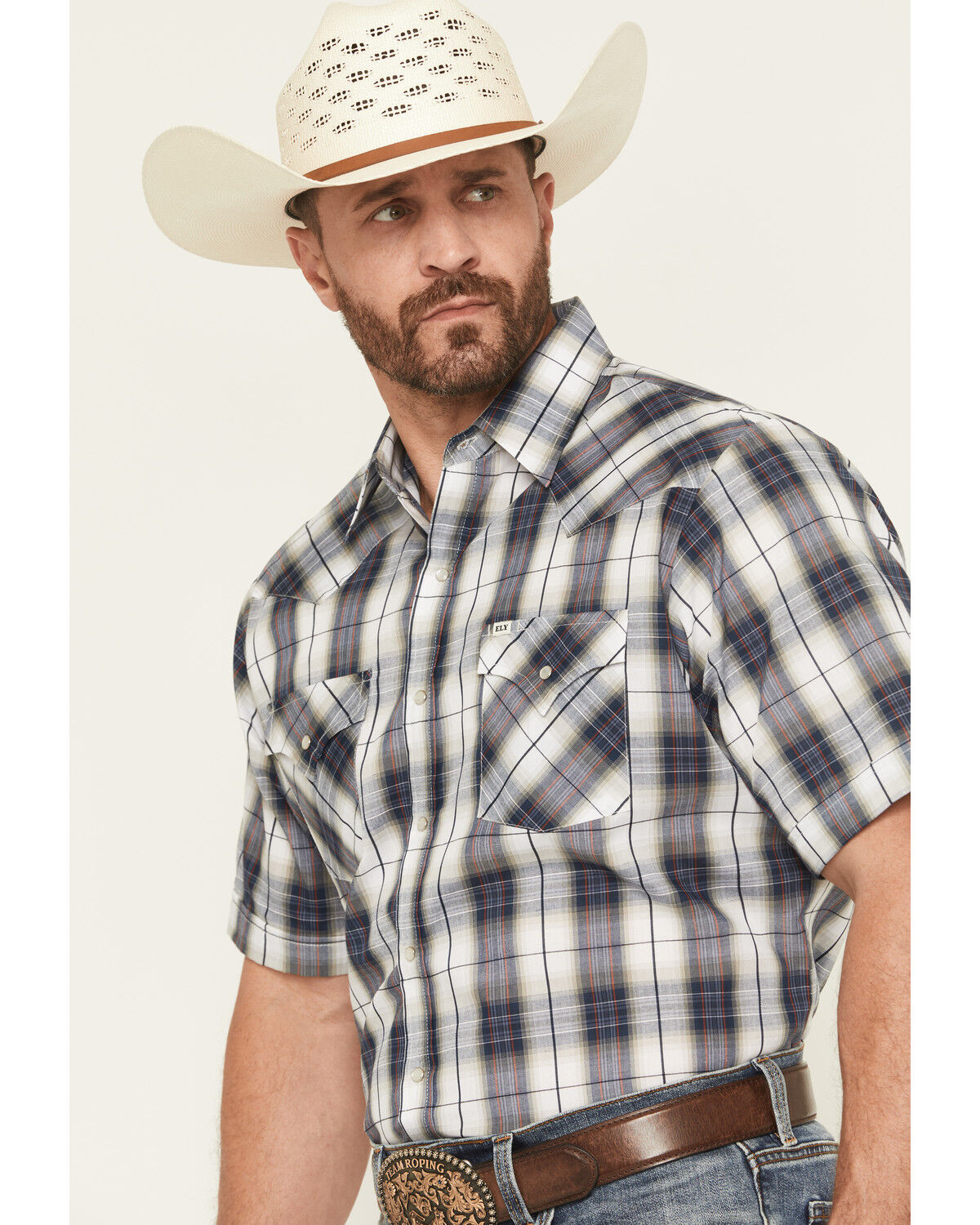 Image #2 - Ely Walker Men's Plaid Print Short Sleeve Snap Western Shirt, Navy, hi-res
