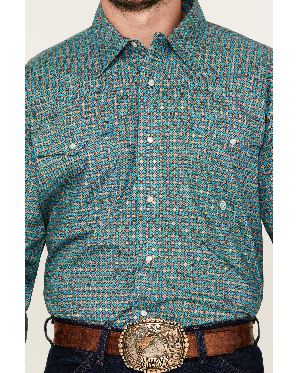 Image #3 - Roper Men's Amarillo Geo Print Long Sleeve Pearl Snap Western Shirt, Turquoise, hi-res