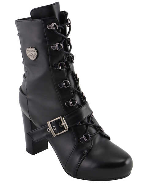 Image #1 - Milwaukee Leather Women's Block Heel Lace Front Boots - Round Toe, Black, hi-res