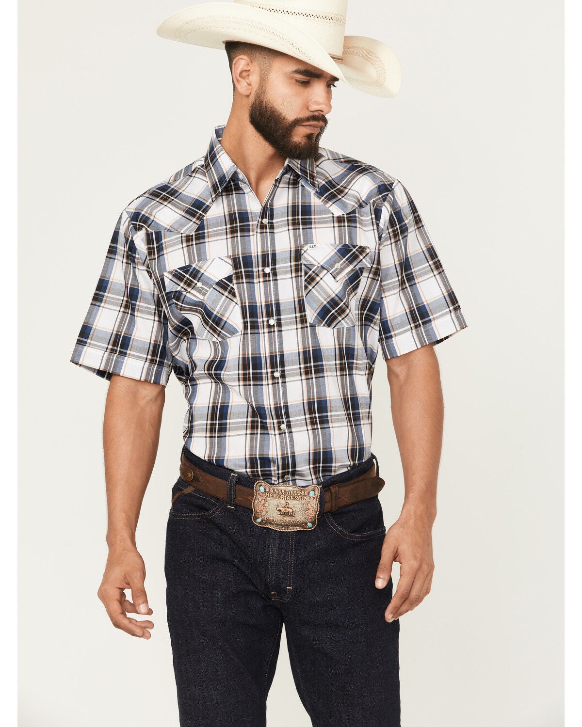 Ely Walker Men's Plaid Print Short Sleeve Snap Western Shirt, Navy, hi-res
