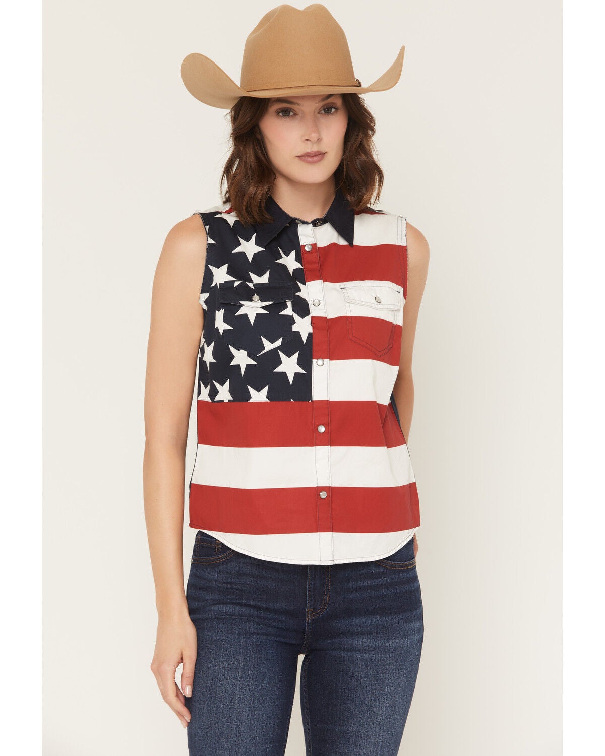 Shyanne Women's Americana Print Bubba Sleeveless Snap Western Shirt, Red, hi-res