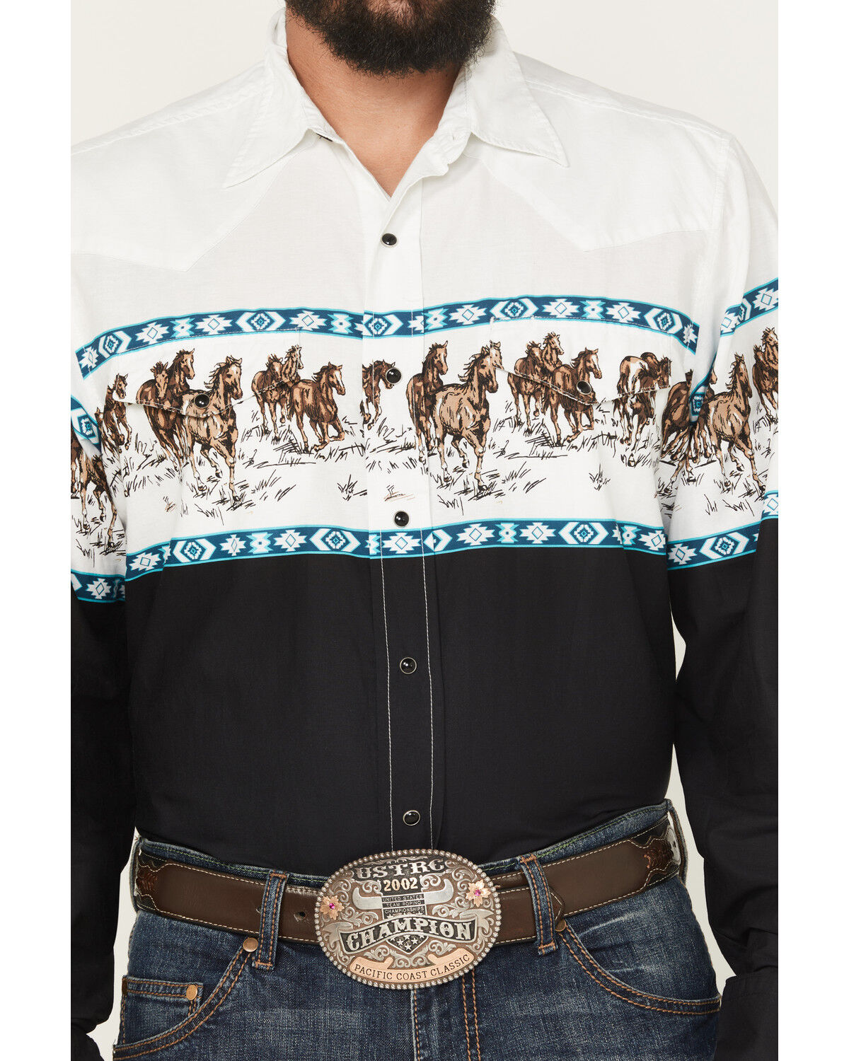 Image #3 - Roper Men's Horse Border Print Long Sleeve Snap Western Shirt, White, hi-res