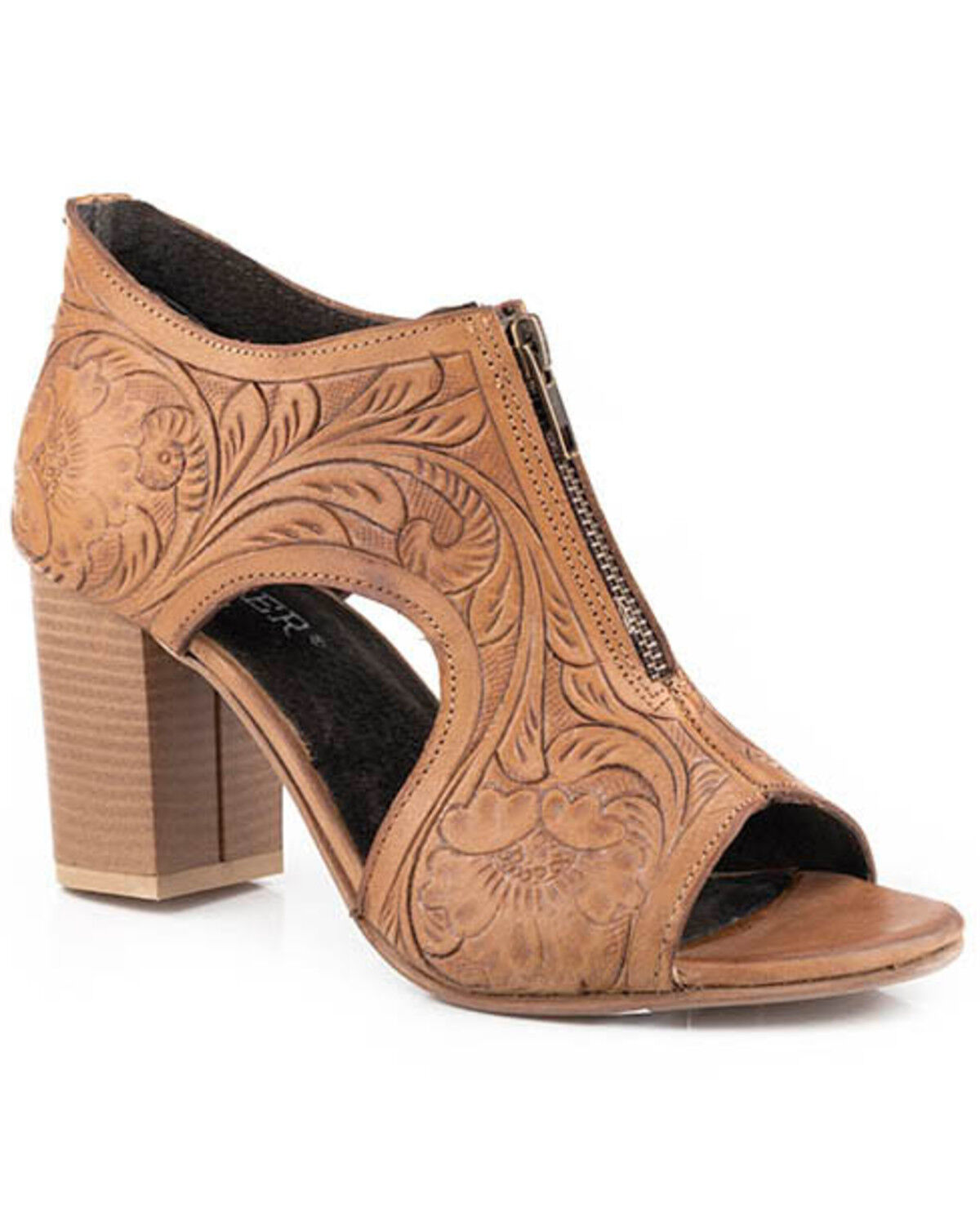 Image #1 - Roper Women's Mika Front Zip Tooled Heels, Tan, hi-res