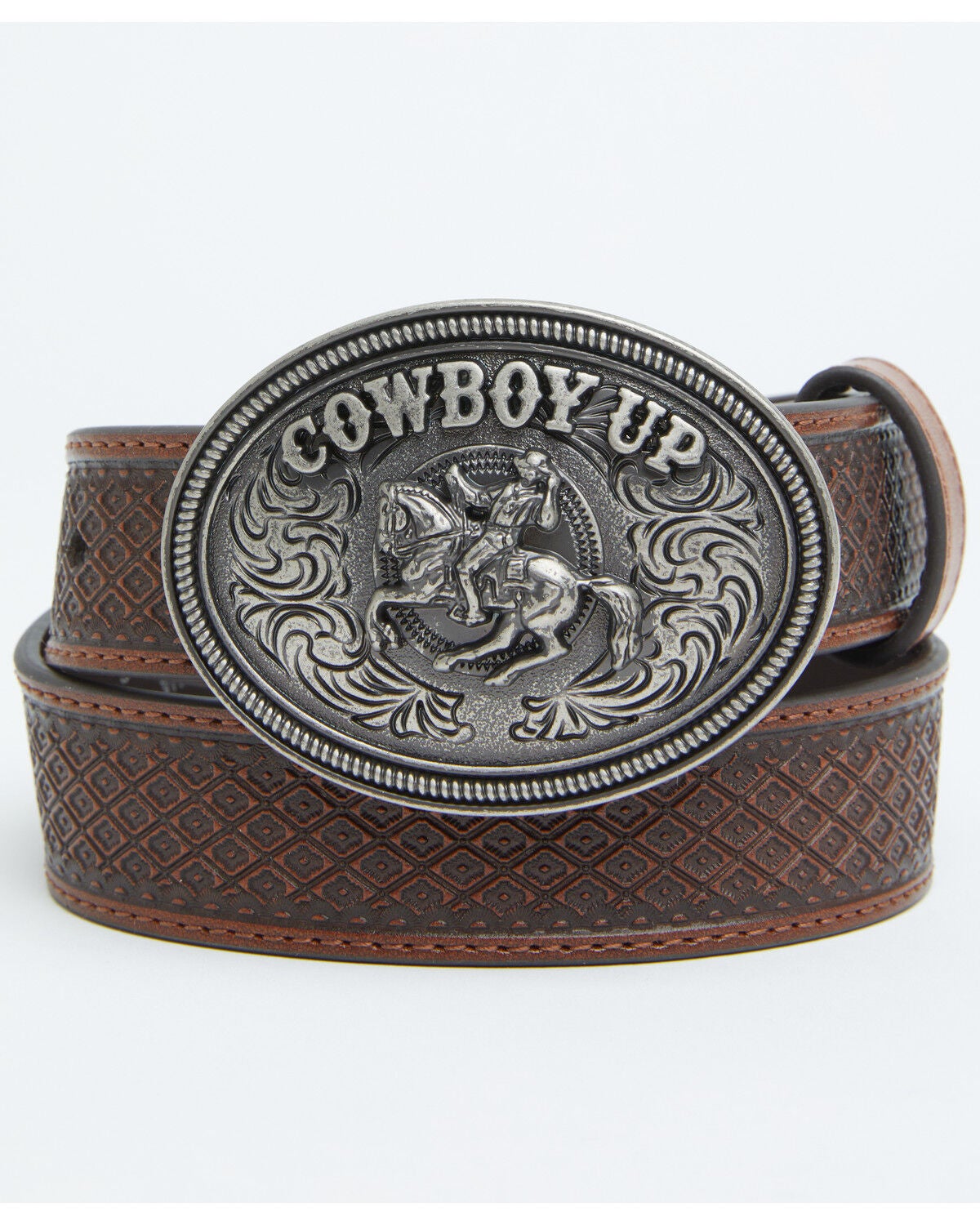 Cody James Boys' Basket Weave Cowboy Up Buckle Belt, Brown, hi-res