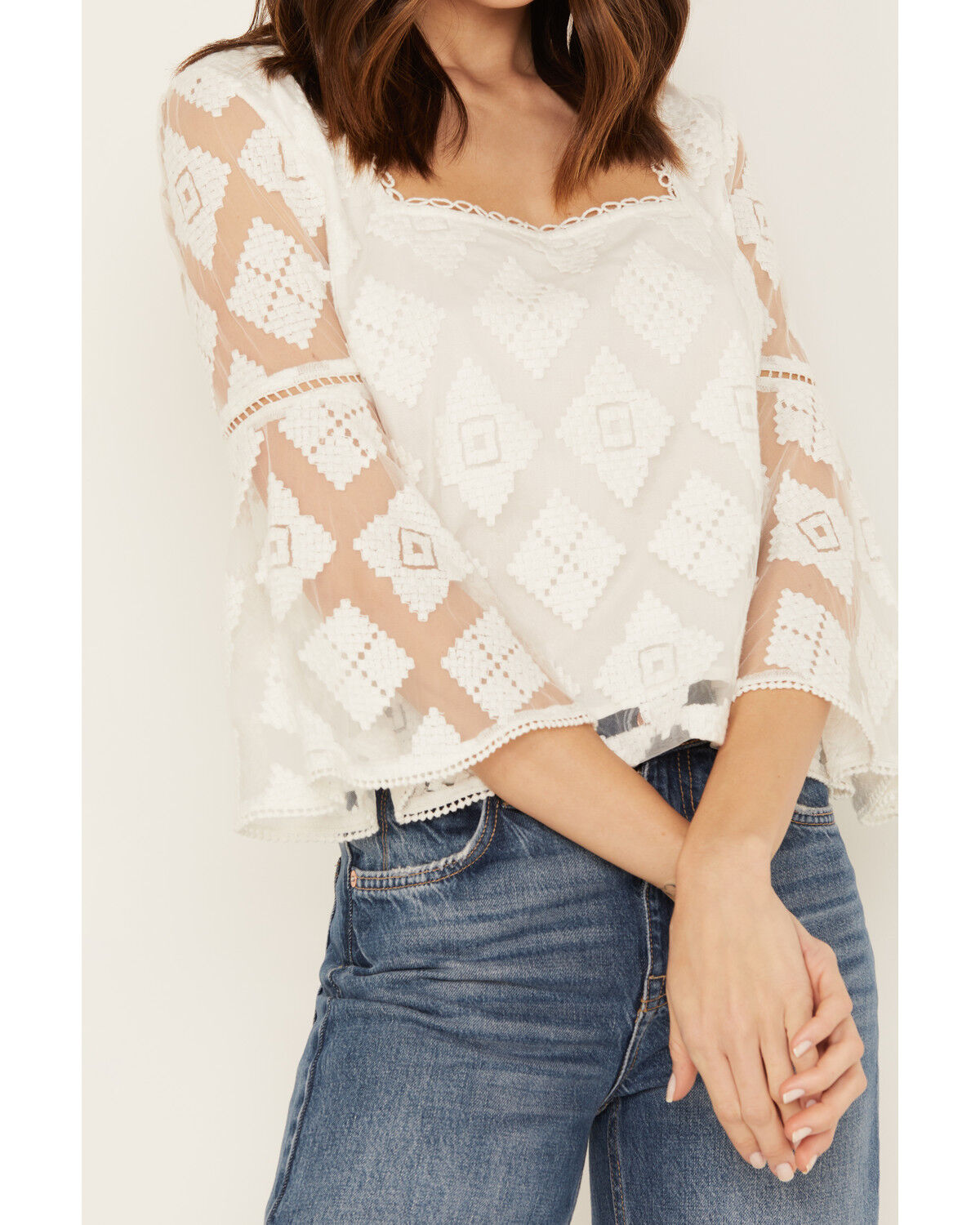 Image #3 - Shyanne Women's Diamond Embroidered Mesh Top, White, hi-res