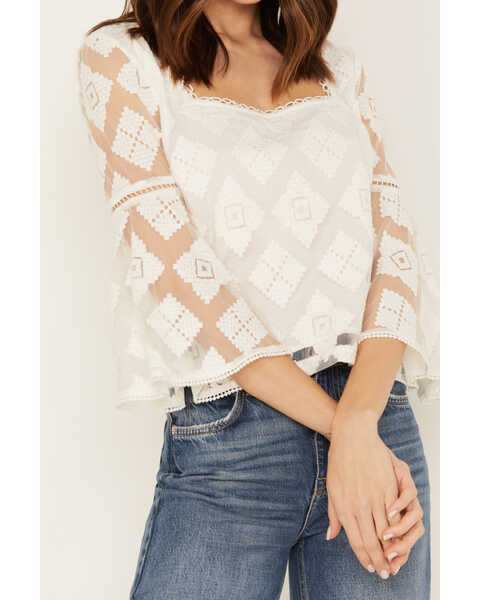 Image #3 - Shyanne Women's Diamond Embroidered Mesh Top, White, hi-res