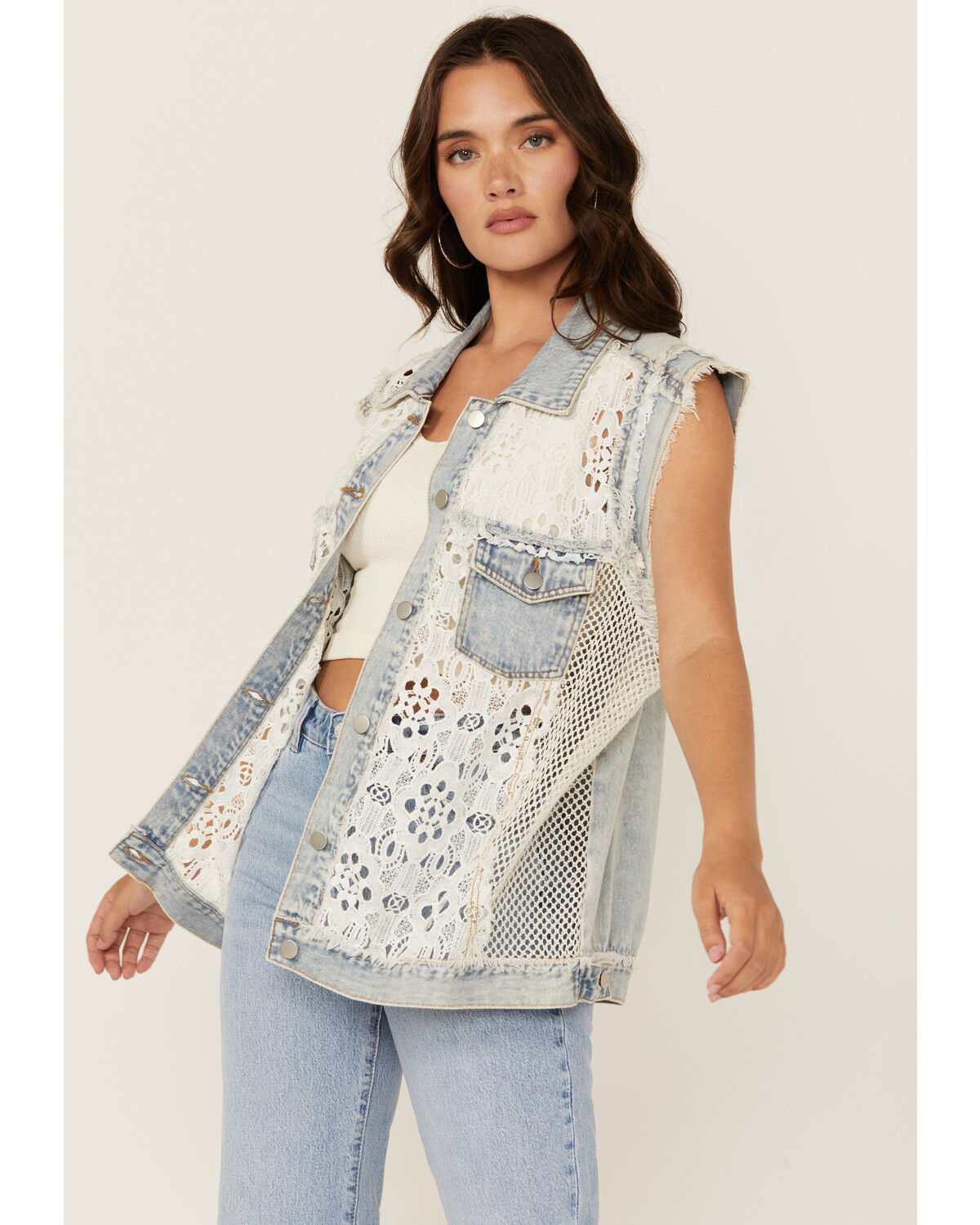 Image #1 - POL Women's Denim Lace Button-Down Vest, Light Wash, hi-res