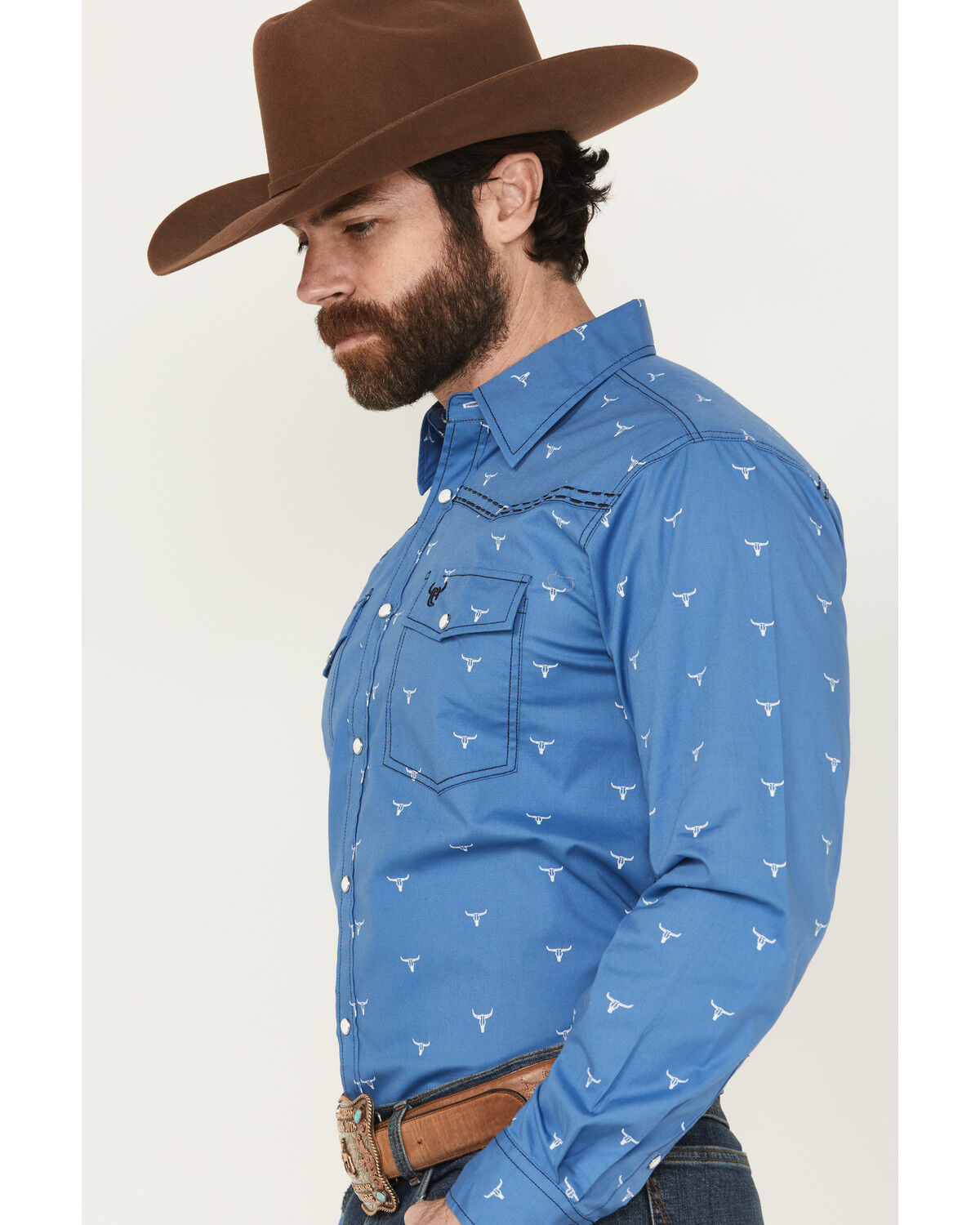 Image #2 - Cowboy Hardware Men's Steerhead Print Long Sleeve Snap Stretch Western Shirt, Royal Blue, hi-res