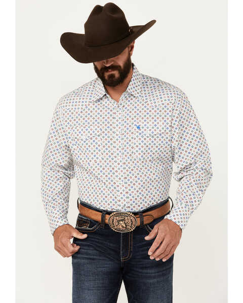 Rodeo Clothing Men's Southwestern Geo Print Long Sleeve Pearl Snap Western Shirt, White, hi-res