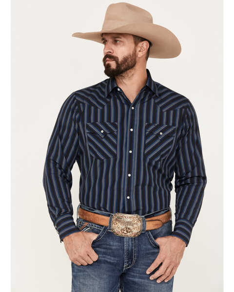Ely Walker Men's Striped Long Sleeve Pearl Snap Western Shirt, Black, hi-res