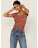 Wild Moss Women's Short Sleeve Cinch Front Paisley Print Knit Top, Rust Copper, hi-res