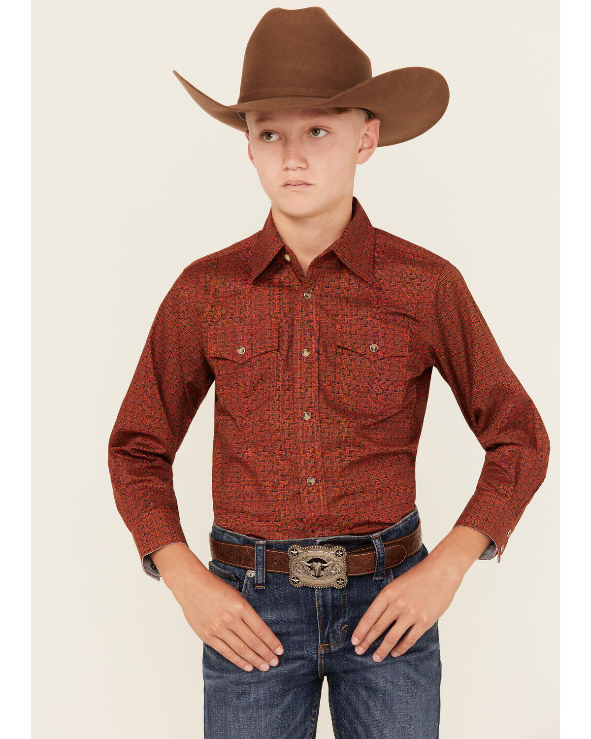 Image #1 - Wrangler Boys' Checkered Print Long Sleeve Snap Stretch Western Shirt, Rust Copper, hi-res