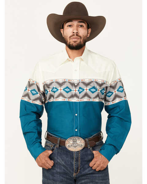 Image #1 - Roper Men's Vintage Southwestern Print Long Sleeve Snap Western Shirt , Blue, hi-res